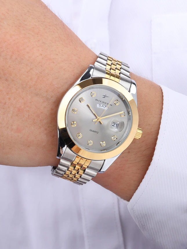 Men's quartz wristwatch with color blocked metal strap, diamond inlaid dial, dual calendar display design, light luxury texture,
