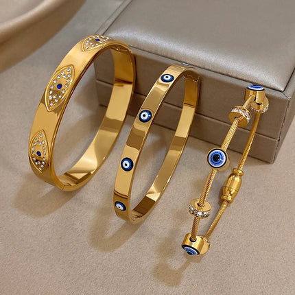 New Turkish Evil Eyes Rhinestones Stainless Steel Cuff Bracelet Bangle For Women Fashion Gold-plated Waterproof Charms Jewelry