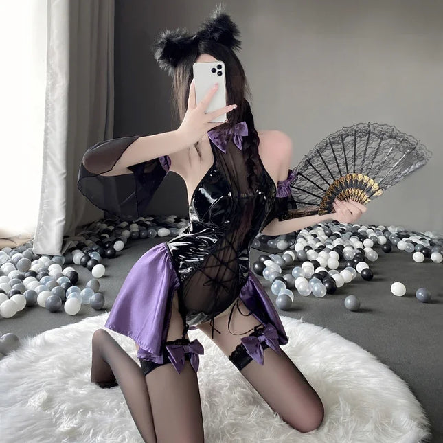 PU Leather Bodysuit Women Sexy Lingerie Anime Cosplay Costumes Halter Neck Mesh Body SuitJapanese Anime Game Fischl Uniform