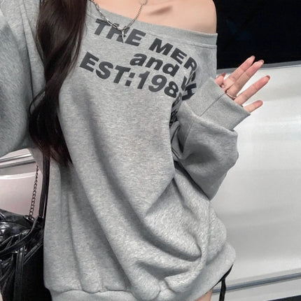 Sexy Oversized T-shirt Women Streetwear Letter Print Skew Collar Off Shoulder Long Sleeve Basic Top Korean Fashion Loose T-shirt