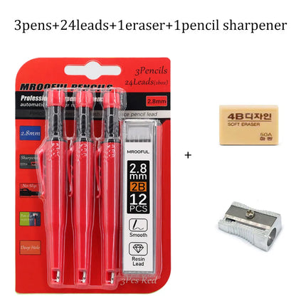 Carpenter's Pencil Card Set, Deep Hole Marking And Drawing, With 2.8mmLeads,Pencil Sharpener,For Carpenter Woodworking Architect