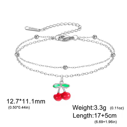 Teamer Enamel Cherry Charm Bracelet For Woman Gold Color Stainless Steel Double Bead Chain Fashion Birthday Friend Jewelry Gift