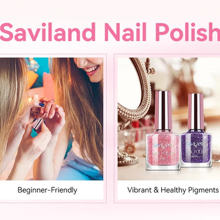 SAVILAND 12 Color Glitter Nail Polish Set Air Quick Dry Non Gel with Base Top Coat Holographic Shimmer Lacquer for Manicure