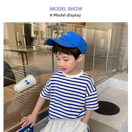 Summer Children's Cotton T-Shirt, Striped Round Neck, Short Sleeve, Kids' Top, Trendy Little Girl, Casual Cartoon Print, Sweat-Absorbing...