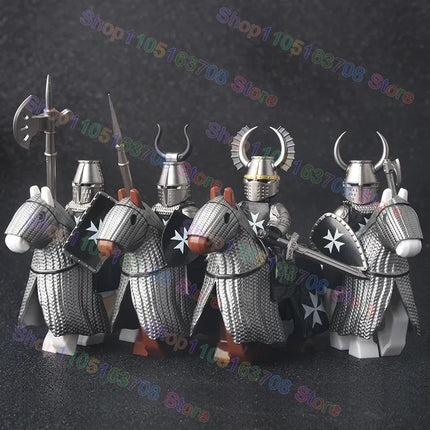 MOC Medieval Military Crusader Knight Building Blocks Castle Army Soldier Figure Horse Mount Shield Sword Accessories Bricks Toy