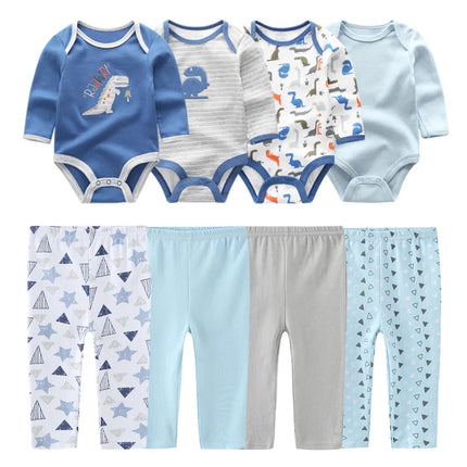 Cotton 6/8PCS Newborn Baby Boy Clothes 0-12M Autumn Bodysuits+Pants Boys Baby Clothing Sets Full Sleeve Baby Girl Clothes