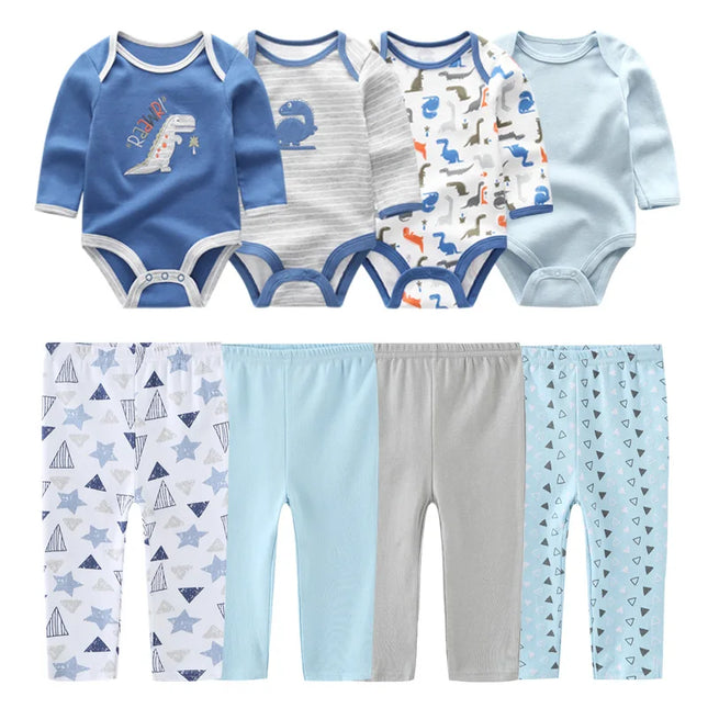 Cotton 6/8PCS Newborn Baby Boy Clothes 0-12M Autumn Bodysuits+Pants Boys Baby Clothing Sets Full Sleeve Baby Girl Clothes
