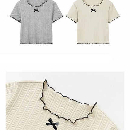 Girls' Ice Silk T-shirt Korean Style Short Sleeve Tops Children's Clothes 2025 Girl Summer Teen Kids Bow Round Neck Solid Tops