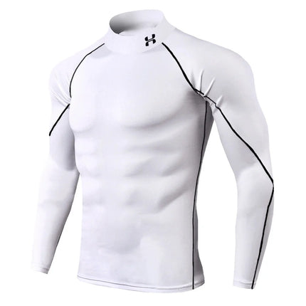 Men's Geometric Print Compression Shirt Quick-Drying Breathable Gym Workout T-Shirt Stretch Turtle Neck Training T-Shirt Tops