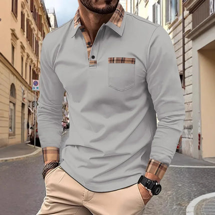 New men's casual spring and autumn fashion checked lapel long-sleeved comfortable pocket outdoor party polo shirt