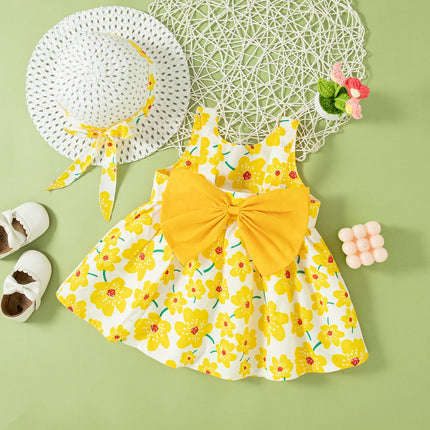 (0-2 Year Old Baby Girl Floral Dress) Summer New Sweet Bow Children'S Sleeveless Clothes With Free Hat For Beach Party