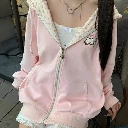 Y2k Kawaii Japanese Cartoon Long Sleeve Zipper Hooded Sweatshirts Subculture Loose Casual Hoodies Women Tops 2000s Vintage Chic