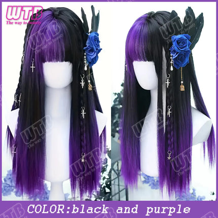 WTB Pink Highlighted Synthetic Lolita Wig for Women Long Straight with Bangs Suitable for Everyday Wear Holidays and Cosplay