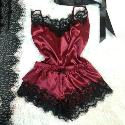 Sexy Hot Erotic Home Wear Women Pajamas Women Sleepwear Sleeveless Strap Fashion Nightwear Lace Trim Satin Cami Top Pajama Sets