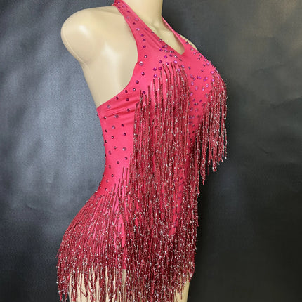 Sparkly Rhinestones Fringe Bodysuit Women Nightclub Party Dance Costume Stage Wear Sexy Tassel Leotard Performance Clothing 7G