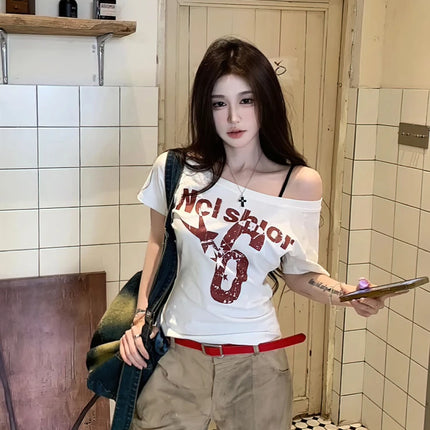 Y2k Sport Summer Off shoulder Top Women Sexy Vintage 2000s Short sleeve T shirt  Lady Body Basic Crop Top Female Casual