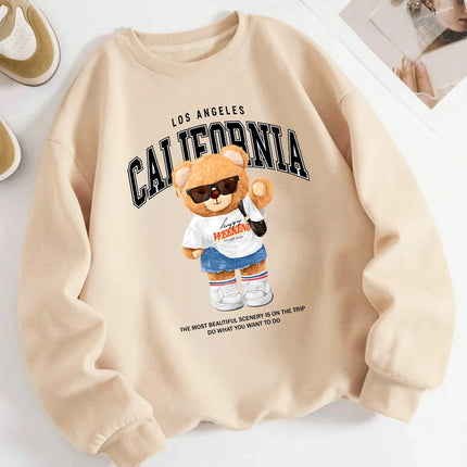 Autumn Winter Women's Pullover California Letter Trend Bear Printing Hoodie Loose Crewneck Warm Fleece Sweatshirt Streetwear