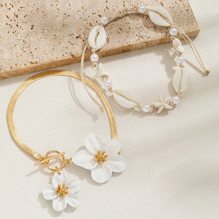 2 pieces of simple white oil drop flower snake bone chain, double-layer resin shell woven women's foot rope