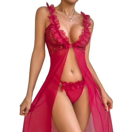 Summer Womens Pajamas Sexy Red Lingerie Night Dress Lace See Through Nightdress Sleepwear Elegant And Sensual Underwear Set