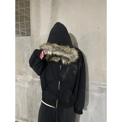 European and American Y2K fuzzy hat hoodie printed pattern long sleeved pullover hoodie retro jacket street trend
