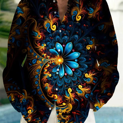 Men's Long Sleeved Printed Shirt, Single Breasted Stand Up Collar Shirt, Fashionable Casual Top