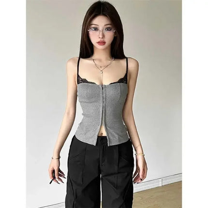 Gray Splice American Design Sensation Women's Slim Fit Tank Top Inner Wear Autumn Winter New Style Fashionable Small Audience To