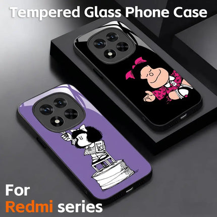 Cute girl Mafalda Comic Design  Phone Case Tempered Glass Case For Redmi Note11 12 13 14Pro Plus S 5G 14C A3