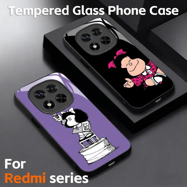 Cute girl Mafalda Comic Design  Phone Case Tempered Glass Case For Redmi Note11 12 13 14Pro Plus S 5G 14C A3