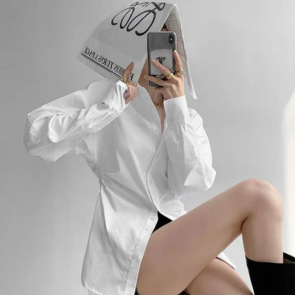 JOEVILU White Shirt Women’s Waist-defining Blouse Slim Fit Long Sleeve Tops Figure-hugging Office Shirts Korean Style Clothes