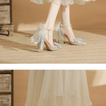 Spring Pointed Toe Party Wedding Shoes for Women, Bride Bow Thick Heel Silver Sequin Fairy Lolita Style Single Shoes