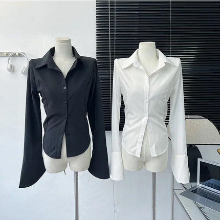 White Shirt Women Tops Korean Long Sleeve Blouses Lace Up Button Up Shirt Office Lady Black Fashion Slim Turn-Down Collar Blouse