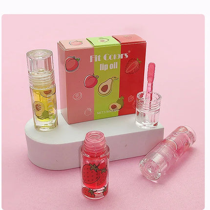 Hydrating Transparent Lip Gloss 3 Piece Set Fruit Scented Lip Oil with Avocado Strawberry and Peach for Soft Smooth Lips