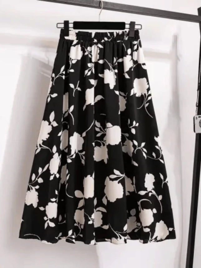 High Waist Draped A-Line Skirt plus Size Summer Fashionable Midi Length Hip Concealing Women's Skirts Casual Vine Pattern