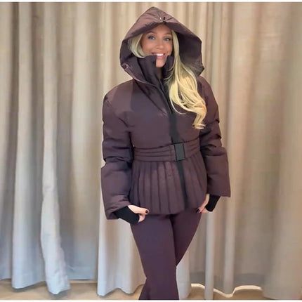 Women Peplum Ski Jackets Hooded Stand Collar Belt Waist Zipper Solid Puffer Jacket Fashion Sheath Warm Sport Winter 2025 Skiwear