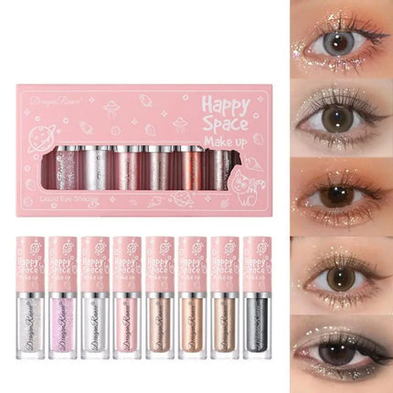 Liquid Eyeshadow Eight-Piece Set Box with Dazzling Shimmer, Fine Glitter, Bright Crystal Pearl Shimmer, High-Gloss Highlighter, Brightening and Contouring Eyeshadow Liquid