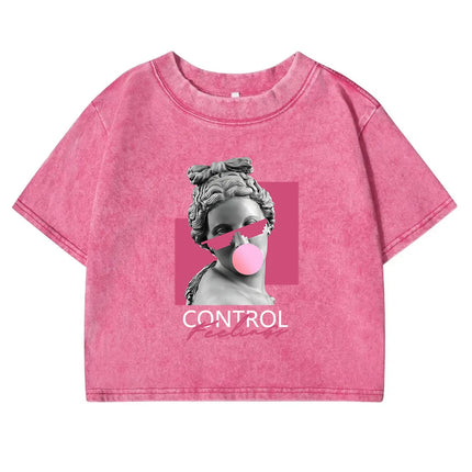 A Sculpture Of A Woman Blowing Bubbles Print Women Washed T Shirt Cotton Casual  Short Sleeve Crop Top Street All-Match Tee