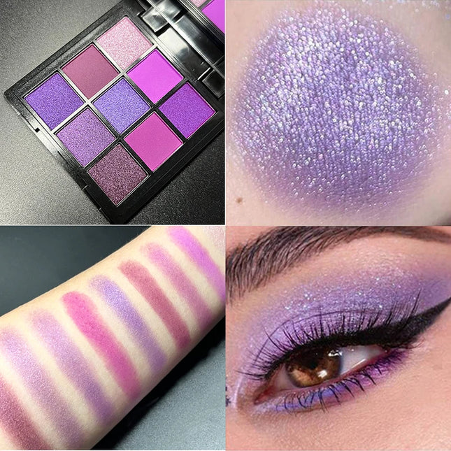 9 Colors Glitter Eyeshadow Palette Purple Shimmer Pearlescent Matte Acrylic Eye Shadows Palette Waterproof Eye Makeup