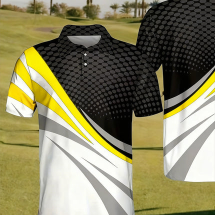 Geometric Pattern Digital Printed Men's Multi-color Unique Short-sleeved Polo Shirt for Summer Outdoor, Golf, Bowling, Tennis
