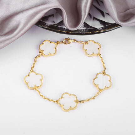 Hot Sale Premium 15mm Natural Stone White Shell Five Leaf Flower Bracelet Gold Silver Lucky bangle For Women Girls Party Daily