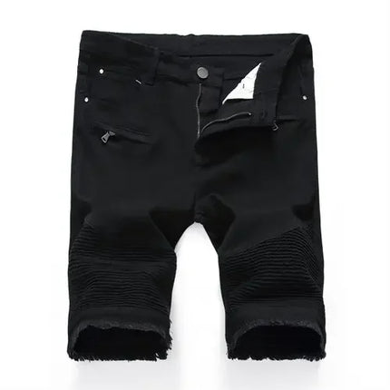 New Red Men's Jeans Shorts Pleats and Holes Decorated Shorts Men Blue White Black Blue Red Denim Shorts，Asian Size