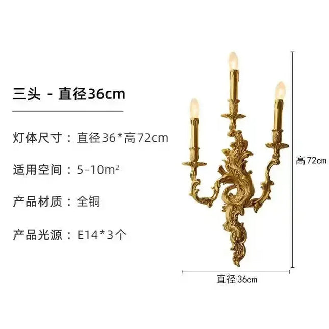French Retro Wall Lamp Copper Natural Color Romantic Candle Shaped, Livin Room Background Wall Corridor Decora Lighting Fixture