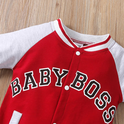 Fashionable letter printed long sleeved round neck cute and personalized baby boy jumpsuit
