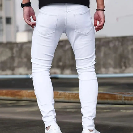 Men White Skinny  Stretch Jeans Spring Casual High Street Fashion Biker American Trend Denim Pants Distressed Hip Hop Trousers