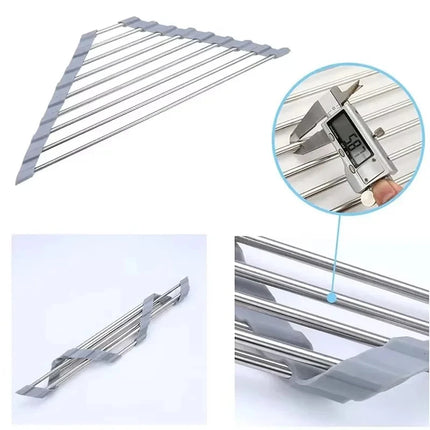 Roll Up Triangle Dish Drying Rack Foldable Stainless Steel Kitchen Sink Organizer Corner Sponge Rag Holder