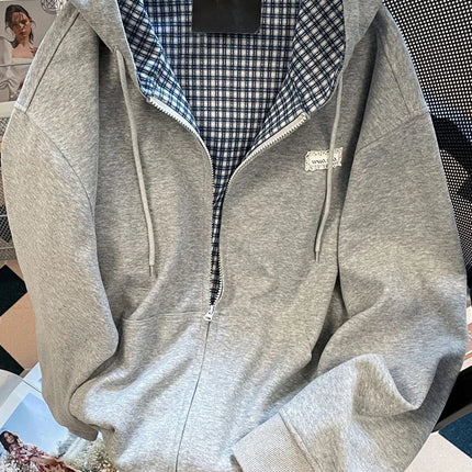 Jmprs Plaid Patchwork Vintage Hoodies Women Loose Preppy Style Gray Sweatshirts Fall Winter Loose Long Sleeve Sweet Korean Tops