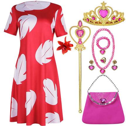 Disney Baby Lilo Stitch Dress For Girl Interstellar Animation Cosplay Short Sleeve Cute Printed Dress + Doll Accessories Set