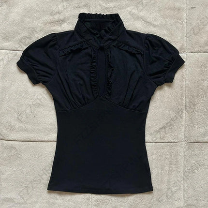 Gothic Harajuku Y2K Women's Crop Top Casual Slim Fit Striped Lace Bow Button Design Short Sleeve T-Shirt Chic Trendy Streetwear