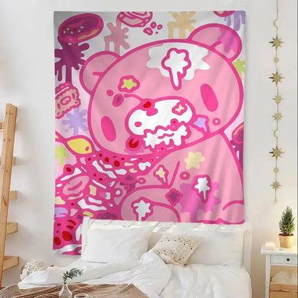 VIKAMA Cute Pink Bear Cartoon Tapestry, Wall Hanging For Living Room, Bedroom, Gaming Room, Dorm And Birthday Party Home Decor