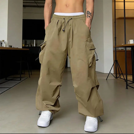 Men Baggy Cargo Pants Solid Color Pants Loose Fit Jogger Trousers With Side Pockets American Style Male Street Outdoor Sports