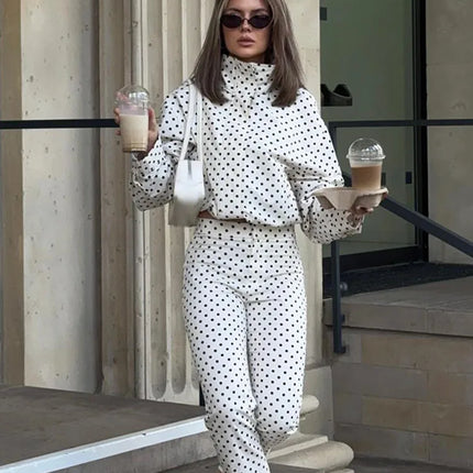 HH Woman Autumn Long Sleeves Turtleneck Zipper With Pockets Drawstring Casual Coats Women Fashion Polka Dot Printed Jacket